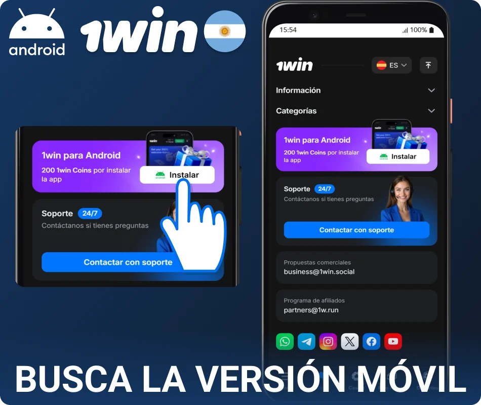 Buscá el botón de la versión móvil de 1win AR
