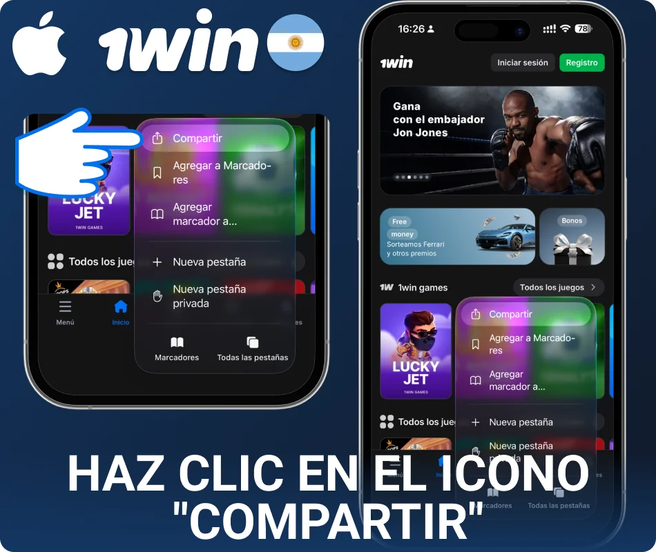 Tocá compartir la aplicación iOS de 1win Argentina