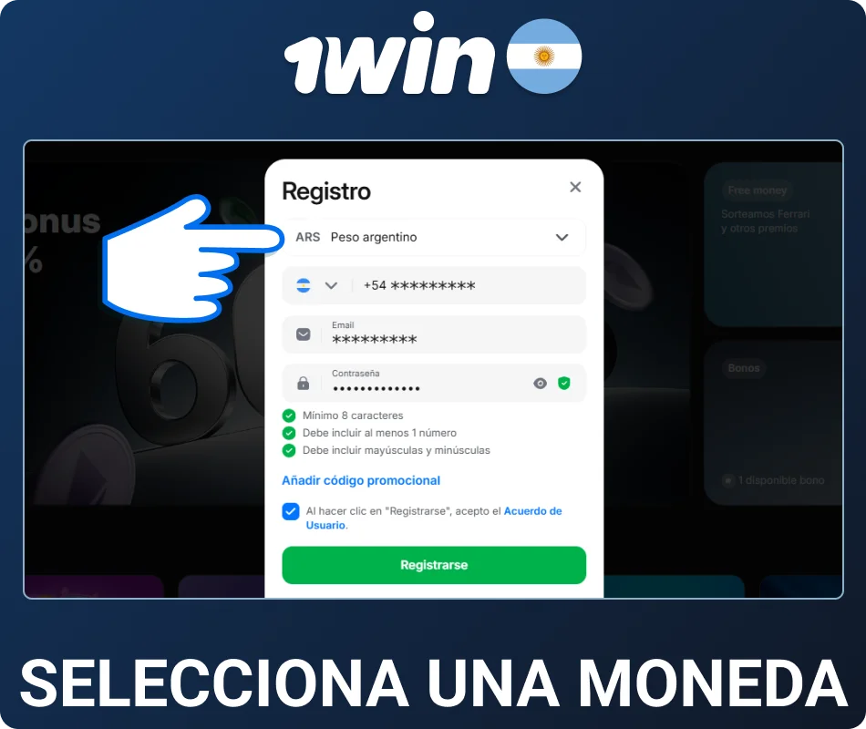 Elegí la moneda en 1win Argentina